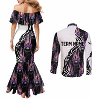 Personalized Bowling Flame Couples Matching Mermaid Dress and Long Sleeve Button Shirt Black and White Split Pattern and Purple Fireball Graphics - Wonder Print Shop