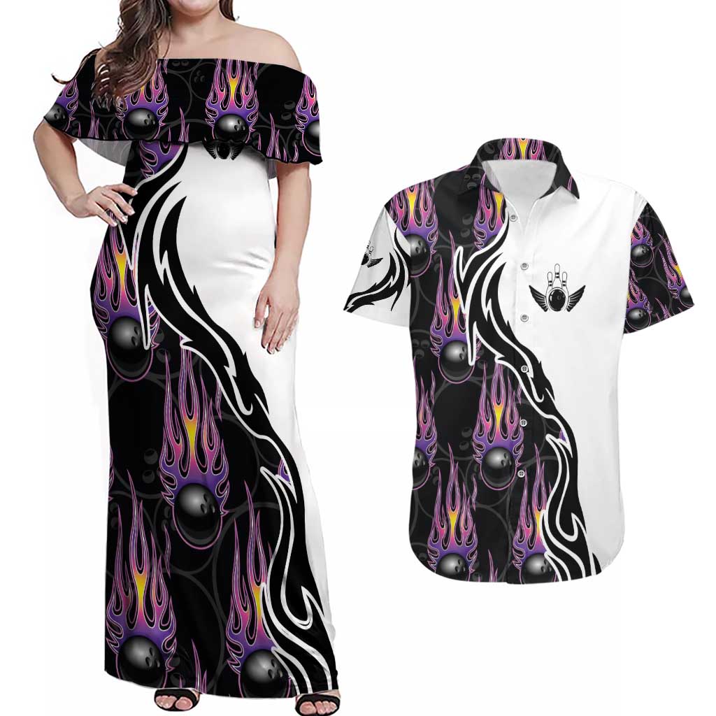 Personalized Bowling Flame Couples Matching Off Shoulder Maxi Dress and Hawaiian Shirt Black and White Split Pattern and Purple Fireball Graphics - Wonder Print Shop