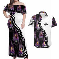 Personalized Bowling Flame Couples Matching Off Shoulder Maxi Dress and Hawaiian Shirt Black and White Split Pattern and Purple Fireball Graphics - Wonder Print Shop