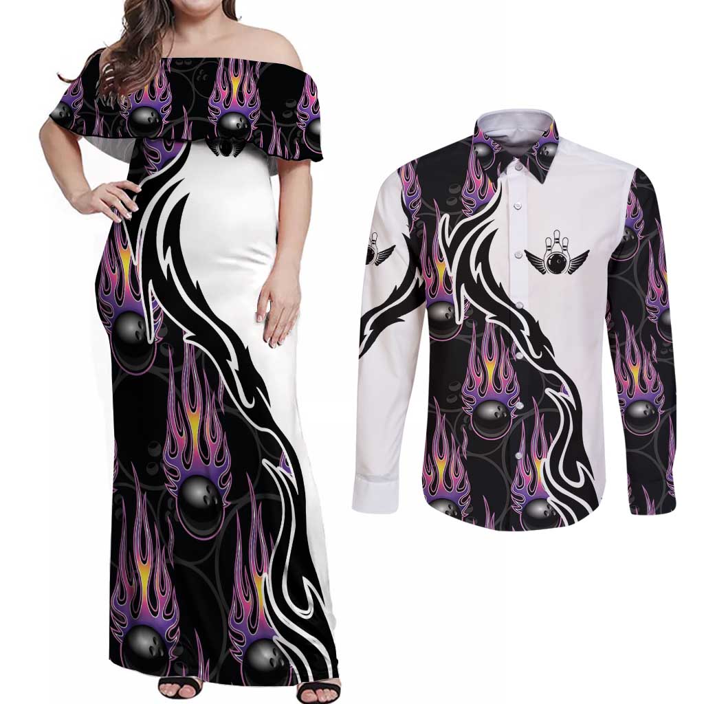 Personalized Bowling Flame Couples Matching Off Shoulder Maxi Dress and Long Sleeve Button Shirt Black and White Split Pattern and Purple Fireball Graphics - Wonder Print Shop