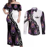 Personalized Bowling Flame Couples Matching Off Shoulder Maxi Dress and Long Sleeve Button Shirt Black and White Split Pattern and Purple Fireball Graphics - Wonder Print Shop