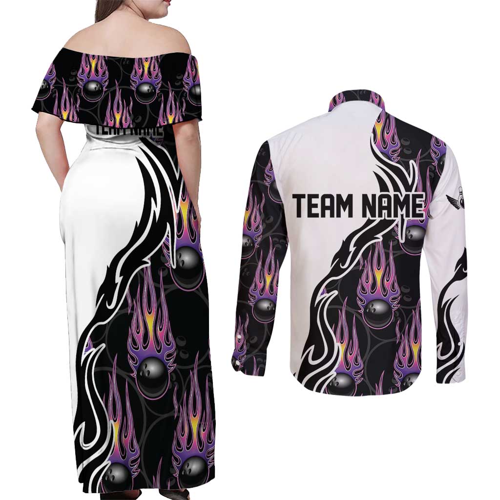 Personalized Bowling Flame Couples Matching Off Shoulder Maxi Dress and Long Sleeve Button Shirt Black and White Split Pattern and Purple Fireball Graphics - Wonder Print Shop