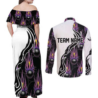 Personalized Bowling Flame Couples Matching Off Shoulder Maxi Dress and Long Sleeve Button Shirt Black and White Split Pattern and Purple Fireball Graphics - Wonder Print Shop
