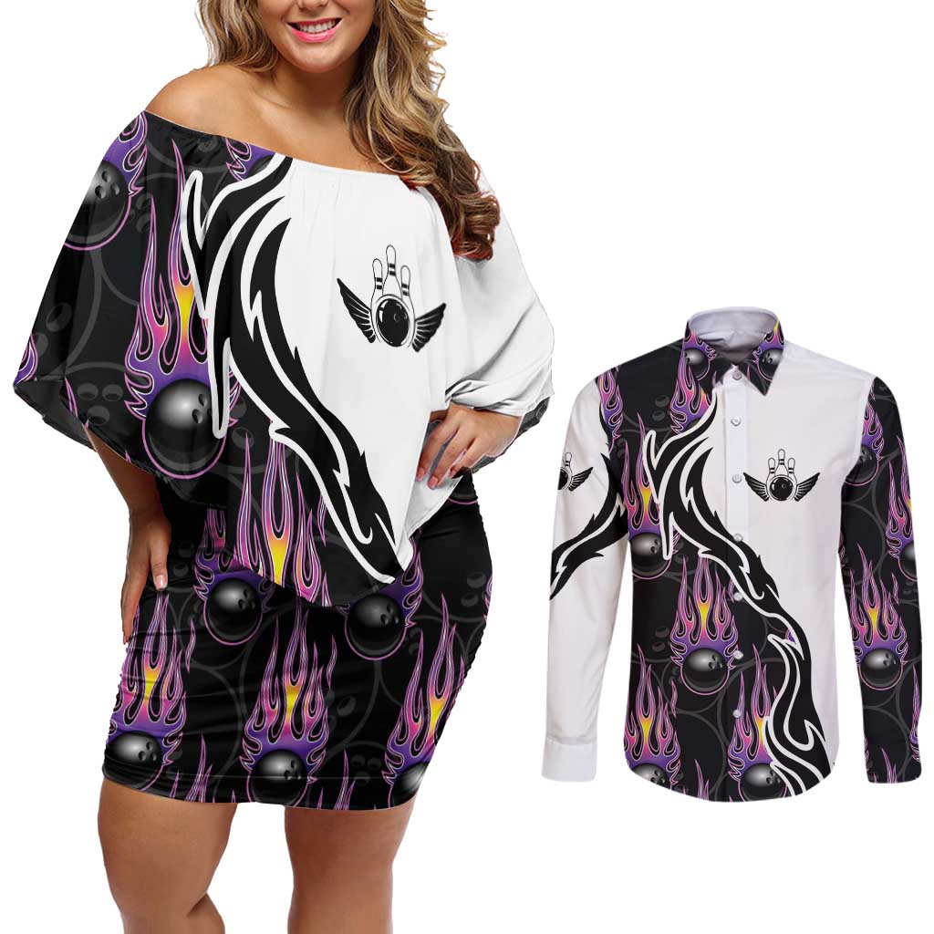 Personalized Bowling Flame Couples Matching Off Shoulder Short Dress and Long Sleeve Button Shirt Black and White Split Pattern and Purple Fireball Graphics - Wonder Print Shop