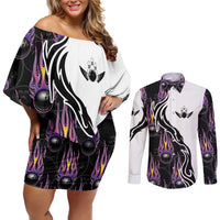 Personalized Bowling Flame Couples Matching Off Shoulder Short Dress and Long Sleeve Button Shirt Black and White Split Pattern and Purple Fireball Graphics - Wonder Print Shop