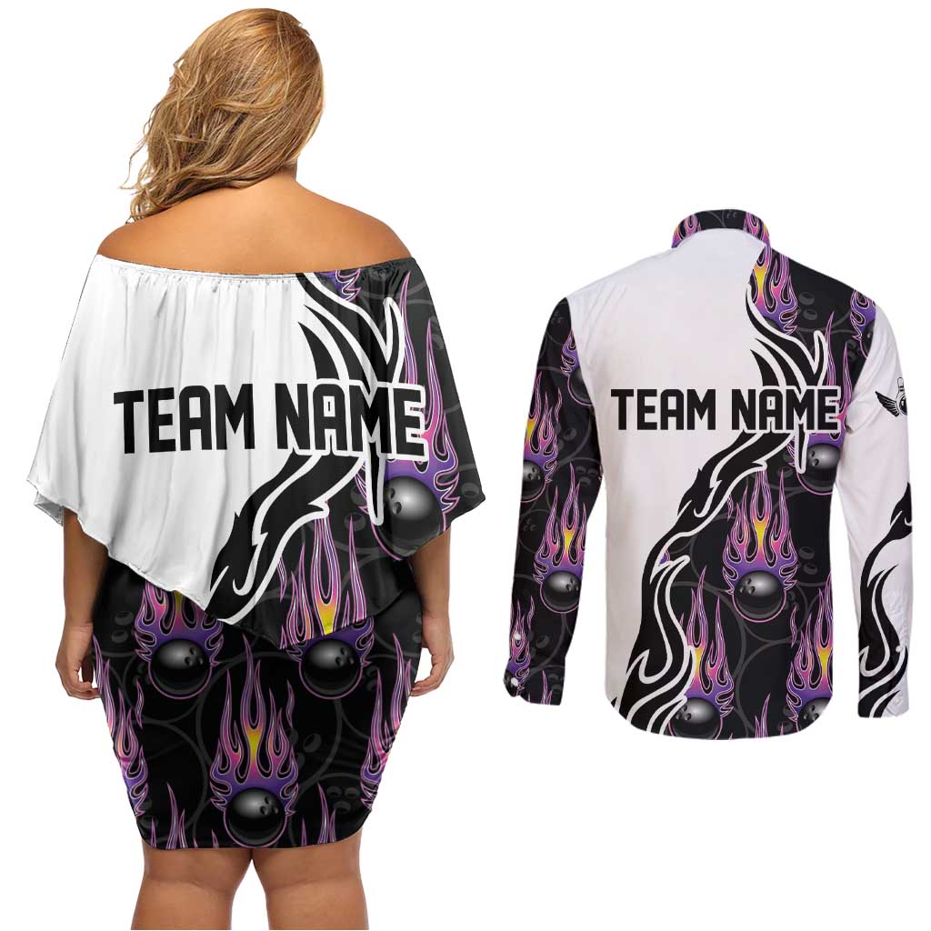 Personalized Bowling Flame Couples Matching Off Shoulder Short Dress and Long Sleeve Button Shirt Black and White Split Pattern and Purple Fireball Graphics - Wonder Print Shop