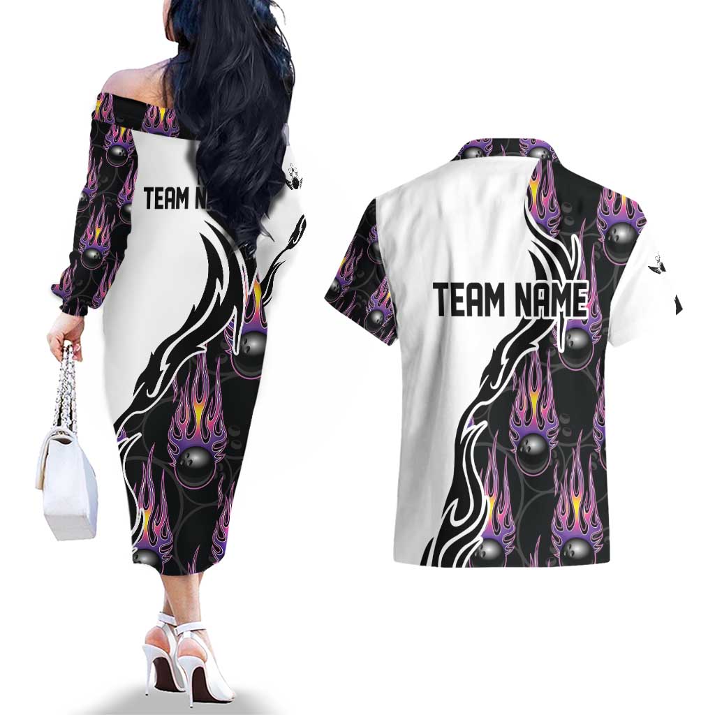 Personalized Bowling Flame Couples Matching Off The Shoulder Long Sleeve Dress and Hawaiian Shirt Black and White Split Pattern and Purple Fireball Graphics - Wonder Print Shop