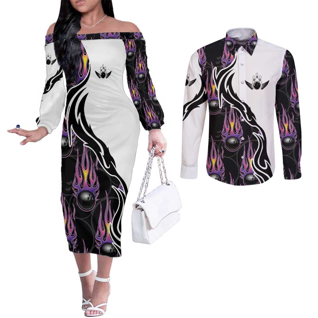 Personalized Bowling Flame Couples Matching Off The Shoulder Long Sleeve Dress and Long Sleeve Button Shirt Black and White Split Pattern and Purple Fireball Graphics - Wonder Print Shop