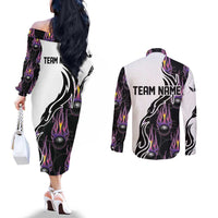 Personalized Bowling Flame Couples Matching Off The Shoulder Long Sleeve Dress and Long Sleeve Button Shirt Black and White Split Pattern and Purple Fireball Graphics - Wonder Print Shop