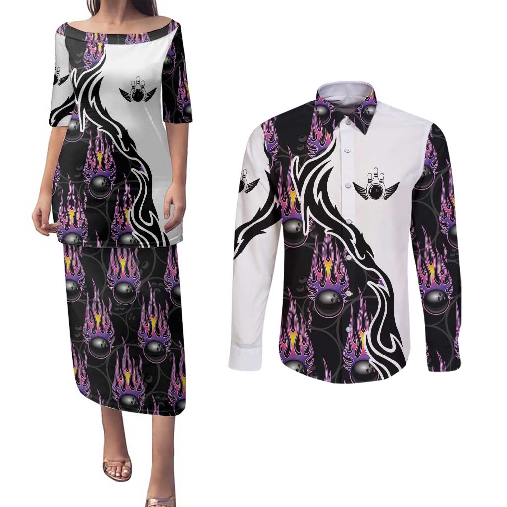 Personalized Bowling Flame Couples Matching Puletasi and Long Sleeve Button Shirt Black and White Split Pattern and Purple Fireball Graphics - Wonder Print Shop