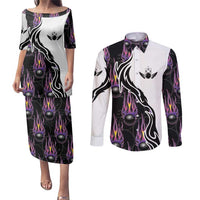 Personalized Bowling Flame Couples Matching Puletasi and Long Sleeve Button Shirt Black and White Split Pattern and Purple Fireball Graphics - Wonder Print Shop