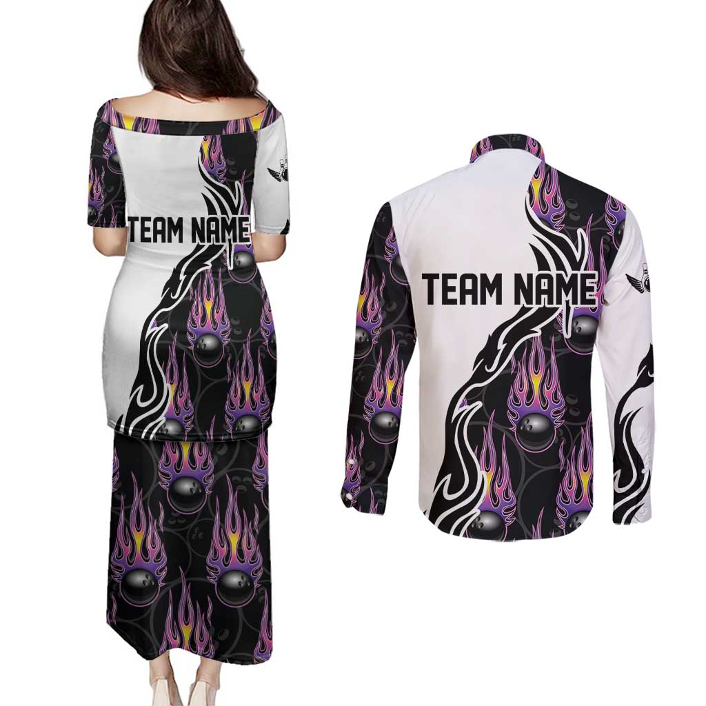 Personalized Bowling Flame Couples Matching Puletasi and Long Sleeve Button Shirt Black and White Split Pattern and Purple Fireball Graphics - Wonder Print Shop