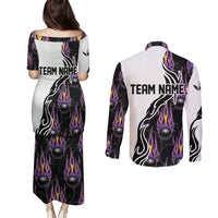 Personalized Bowling Flame Couples Matching Puletasi and Long Sleeve Button Shirt Black and White Split Pattern and Purple Fireball Graphics - Wonder Print Shop