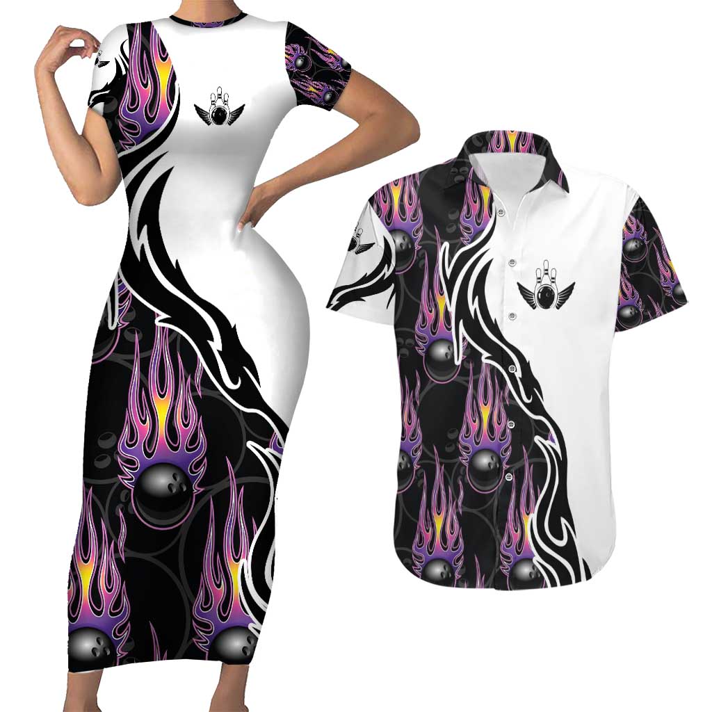 Personalized Bowling Flame Couples Matching Short Sleeve Bodycon Dress and Hawaiian Shirt Black and White Split Pattern and Purple Fireball Graphics - Wonder Print Shop