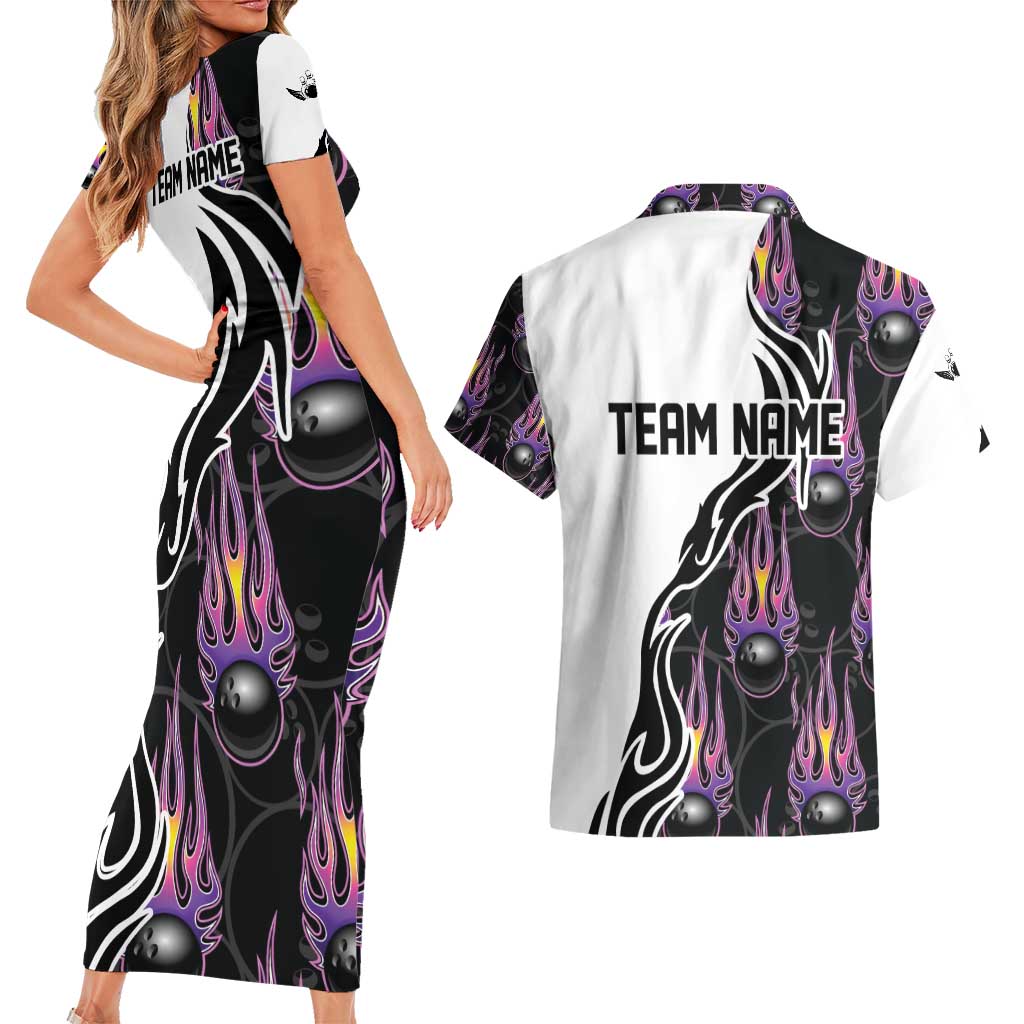Personalized Bowling Flame Couples Matching Short Sleeve Bodycon Dress and Hawaiian Shirt Black and White Split Pattern and Purple Fireball Graphics - Wonder Print Shop