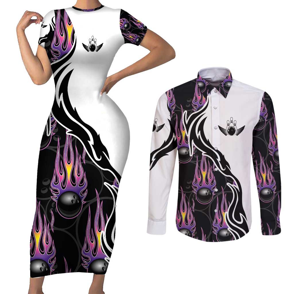 Personalized Bowling Flame Couples Matching Short Sleeve Bodycon Dress and Long Sleeve Button Shirt Black and White Split Pattern and Purple Fireball Graphics - Wonder Print Shop