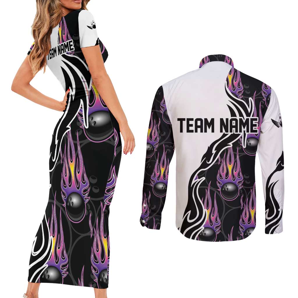 Personalized Bowling Flame Couples Matching Short Sleeve Bodycon Dress and Long Sleeve Button Shirt Black and White Split Pattern and Purple Fireball Graphics - Wonder Print Shop