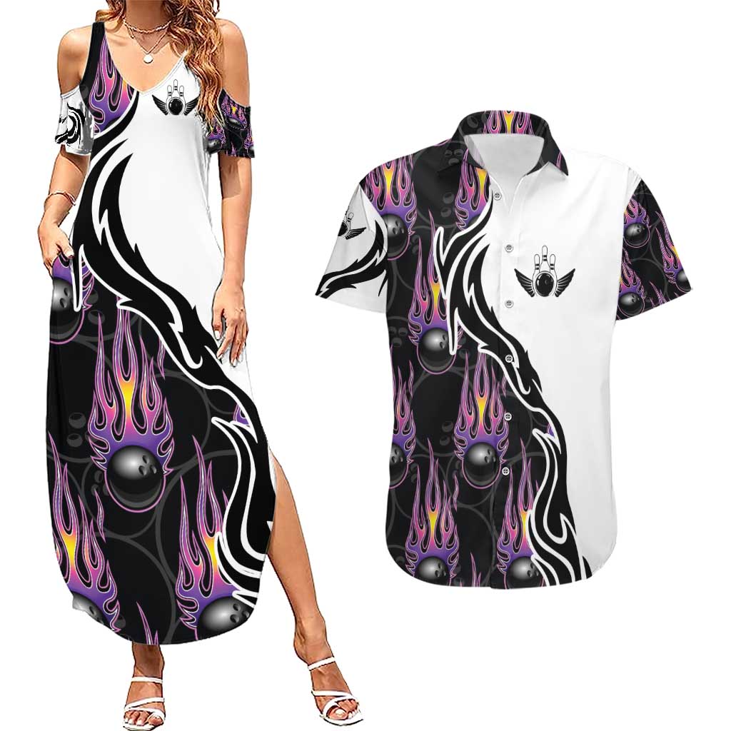 Personalized Bowling Flame Couples Matching Summer Maxi Dress and Hawaiian Shirt Black and White Split Pattern and Purple Fireball Graphics - Wonder Print Shop