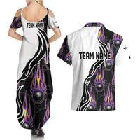Personalized Bowling Flame Couples Matching Summer Maxi Dress and Hawaiian Shirt Black and White Split Pattern and Purple Fireball Graphics - Wonder Print Shop