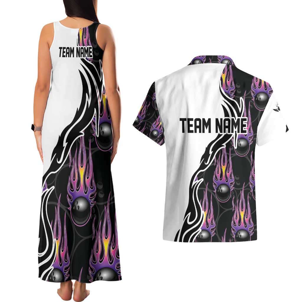 Personalized Bowling Flame Couples Matching Tank Maxi Dress and Hawaiian Shirt Black and White Split Pattern and Purple Fireball Graphics - Wonder Print Shop