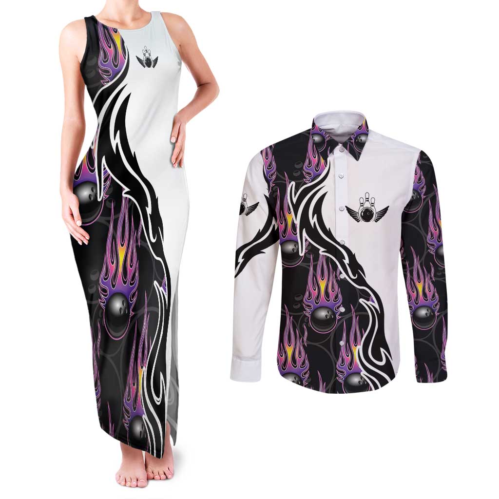 Personalized Bowling Flame Couples Matching Tank Maxi Dress and Long Sleeve Button Shirt Black and White Split Pattern and Purple Fireball Graphics - Wonder Print Shop