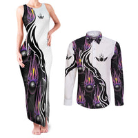 Personalized Bowling Flame Couples Matching Tank Maxi Dress and Long Sleeve Button Shirt Black and White Split Pattern and Purple Fireball Graphics - Wonder Print Shop