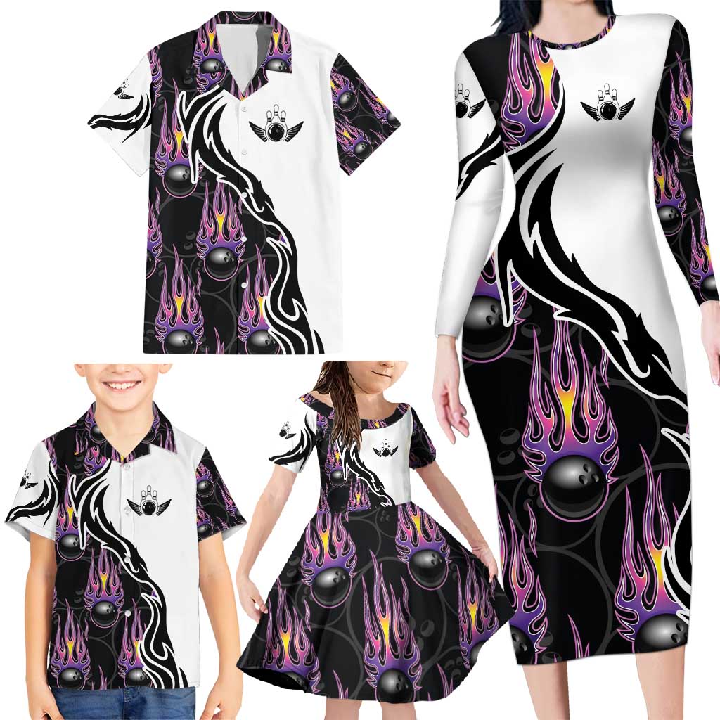 Personalized Bowling Flame Family Matching Long Sleeve Bodycon Dress and Hawaiian Shirt Black and White Split Pattern and Purple Fireball Graphics - Wonder Print Shop