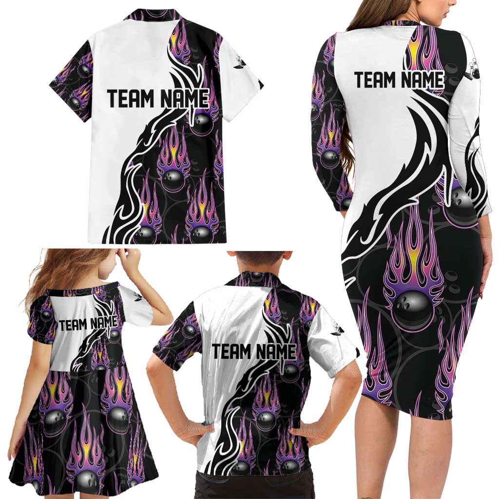 Personalized Bowling Flame Family Matching Long Sleeve Bodycon Dress and Hawaiian Shirt Black and White Split Pattern and Purple Fireball Graphics - Wonder Print Shop