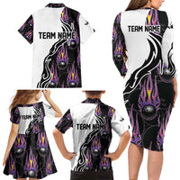 Personalized Bowling Flame Family Matching Long Sleeve Bodycon Dress and Hawaiian Shirt Black and White Split Pattern and Purple Fireball Graphics - Wonder Print Shop