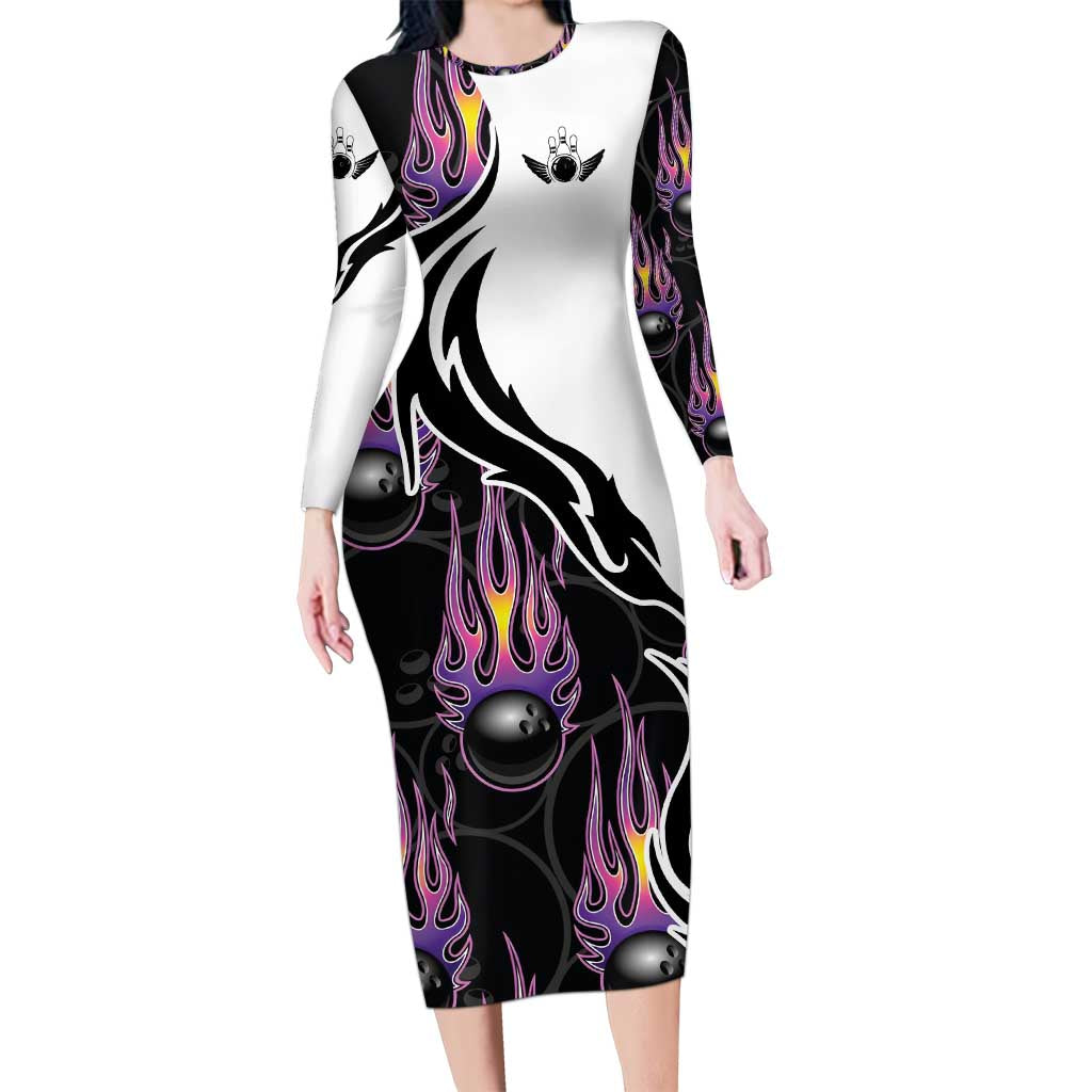 Personalized Bowling Flame Family Matching Long Sleeve Bodycon Dress and Hawaiian Shirt Black and White Split Pattern and Purple Fireball Graphics - Wonder Print Shop