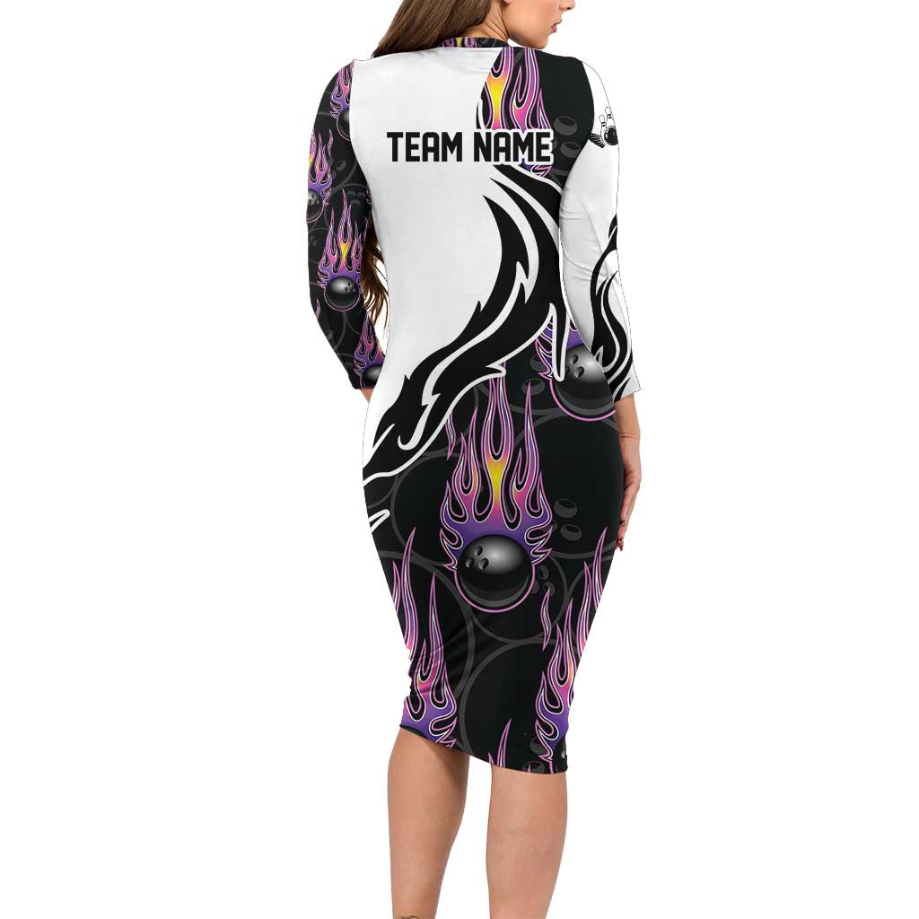 Personalized Bowling Flame Family Matching Long Sleeve Bodycon Dress and Hawaiian Shirt Black and White Split Pattern and Purple Fireball Graphics - Wonder Print Shop
