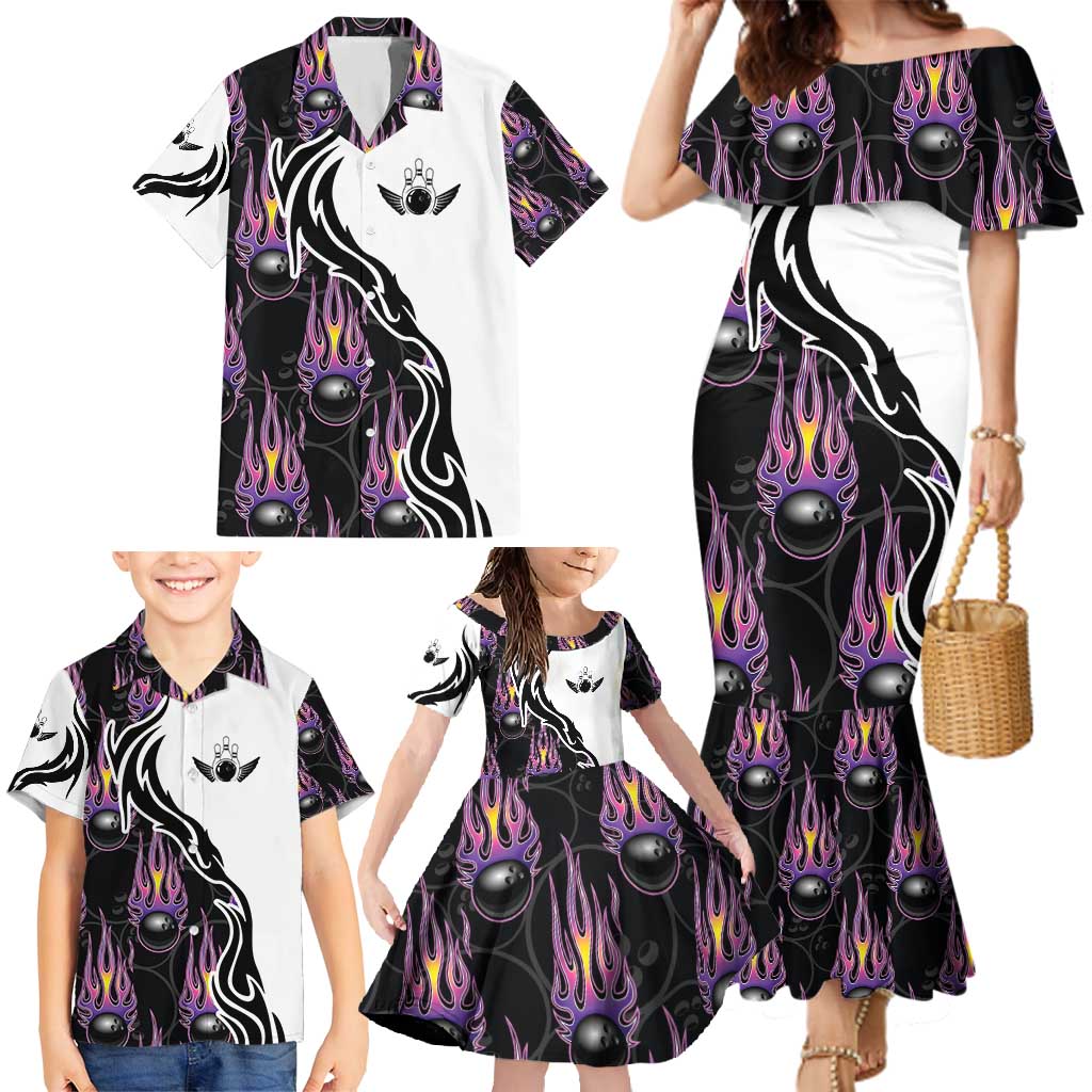 Personalized Bowling Flame Family Matching Mermaid Dress and Hawaiian Shirt Black and White Split Pattern and Purple Fireball Graphics - Wonder Print Shop