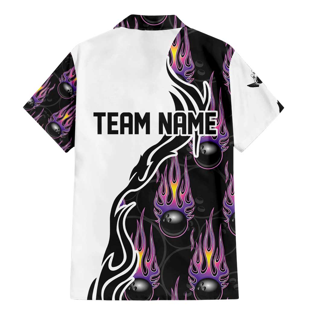 Personalized Bowling Flame Family Matching Mermaid Dress and Hawaiian Shirt Black and White Split Pattern and Purple Fireball Graphics - Wonder Print Shop