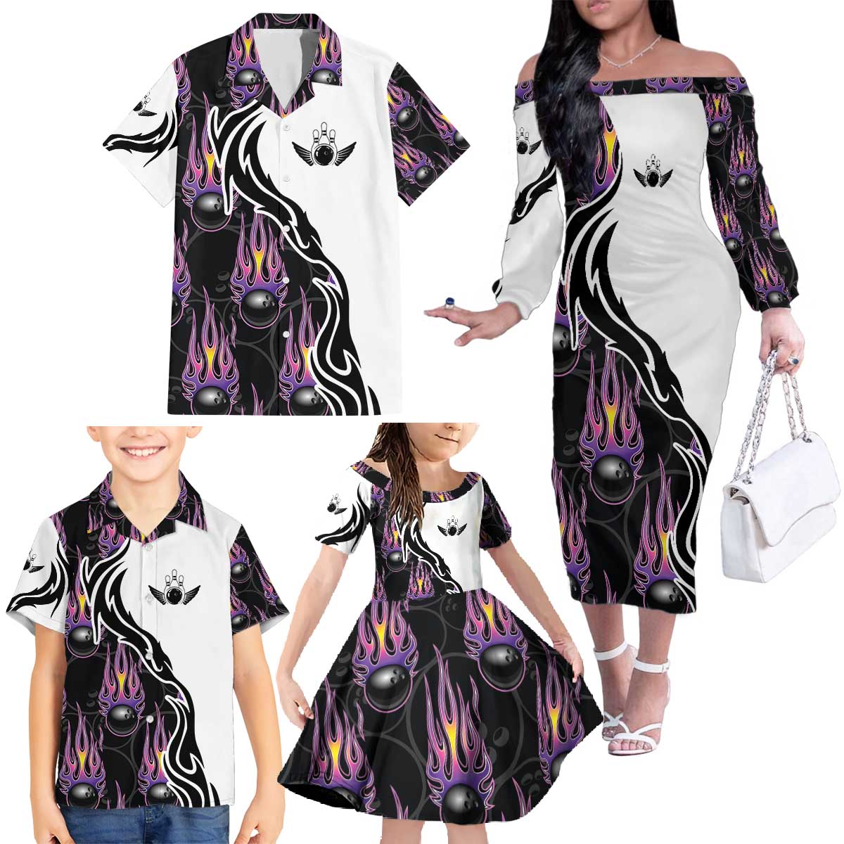 Personalized Bowling Flame Family Matching Off The Shoulder Long Sleeve Dress and Hawaiian Shirt Black and White Split Pattern and Purple Fireball Graphics - Wonder Print Shop