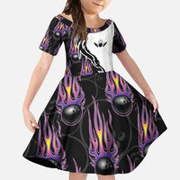 Personalized Bowling Flame Family Matching Off Shoulder Maxi Dress and Hawaiian Shirt Black and White Split Pattern and Purple Fireball Graphics - Wonder Print Shop