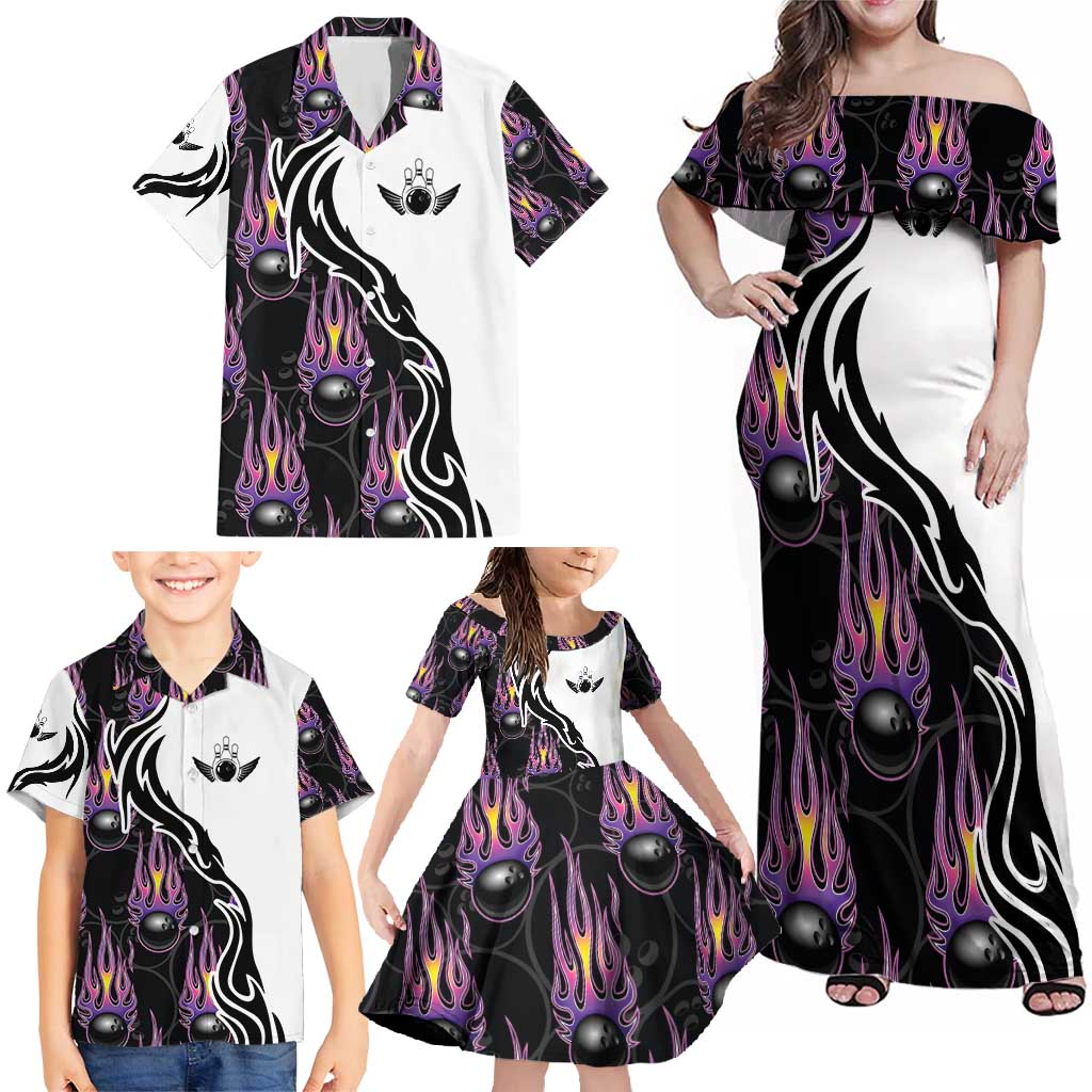Personalized Bowling Flame Family Matching Off Shoulder Maxi Dress and Hawaiian Shirt Black and White Split Pattern and Purple Fireball Graphics - Wonder Print Shop