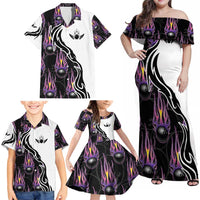 Personalized Bowling Flame Family Matching Off Shoulder Maxi Dress and Hawaiian Shirt Black and White Split Pattern and Purple Fireball Graphics - Wonder Print Shop