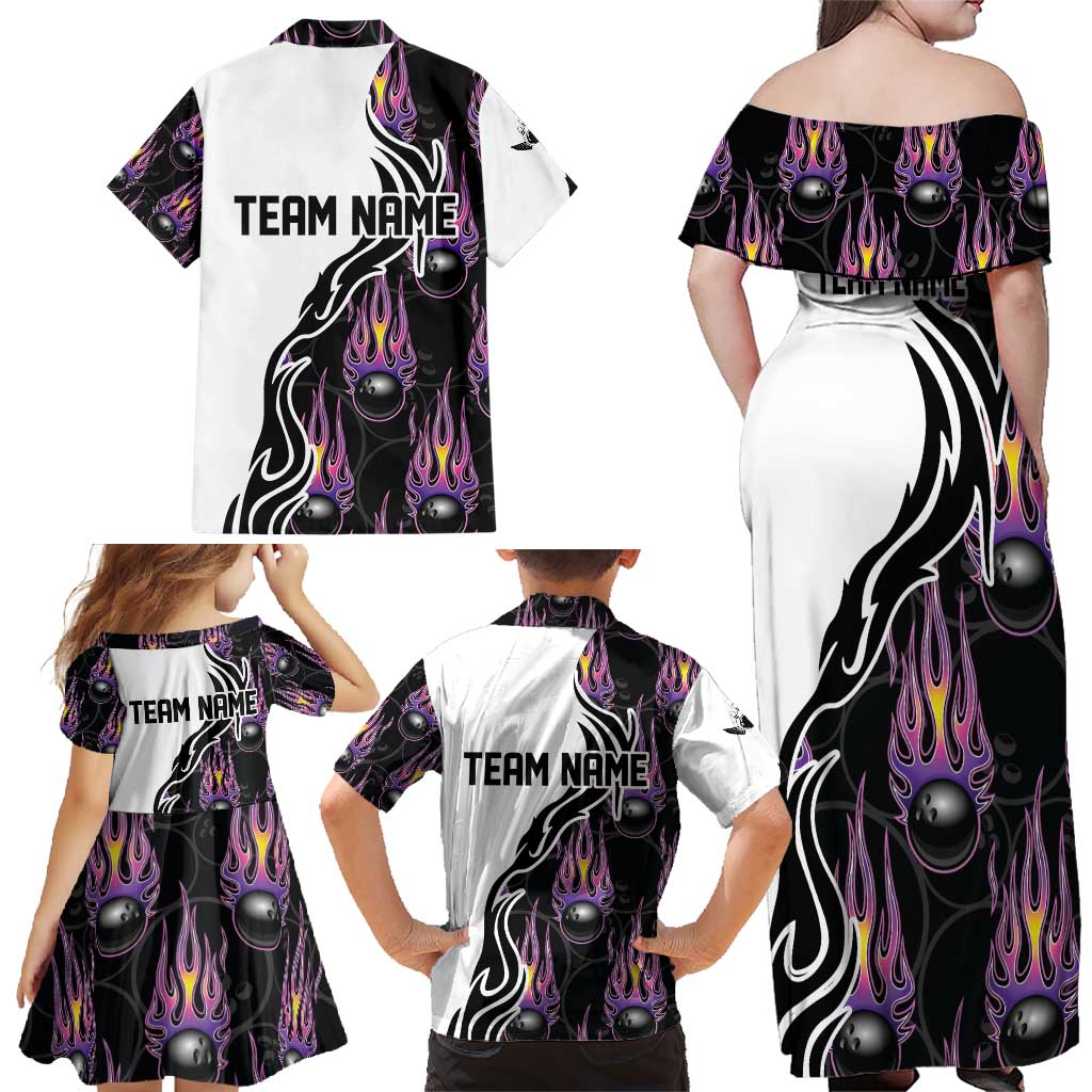 Personalized Bowling Flame Family Matching Off Shoulder Maxi Dress and Hawaiian Shirt Black and White Split Pattern and Purple Fireball Graphics - Wonder Print Shop