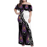 Personalized Bowling Flame Family Matching Off Shoulder Maxi Dress and Hawaiian Shirt Black and White Split Pattern and Purple Fireball Graphics - Wonder Print Shop
