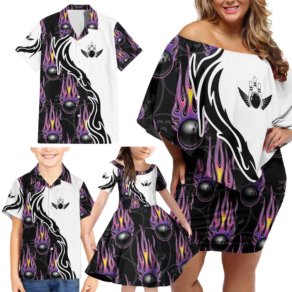 Personalized Bowling Flame Family Matching Off Shoulder Short Dress and Hawaiian Shirt Black and White Split Pattern and Purple Fireball Graphics - Wonder Print Shop