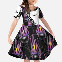 Personalized Bowling Flame Family Matching Puletasi and Hawaiian Shirt Black and White Split Pattern and Purple Fireball Graphics - Wonder Print Shop