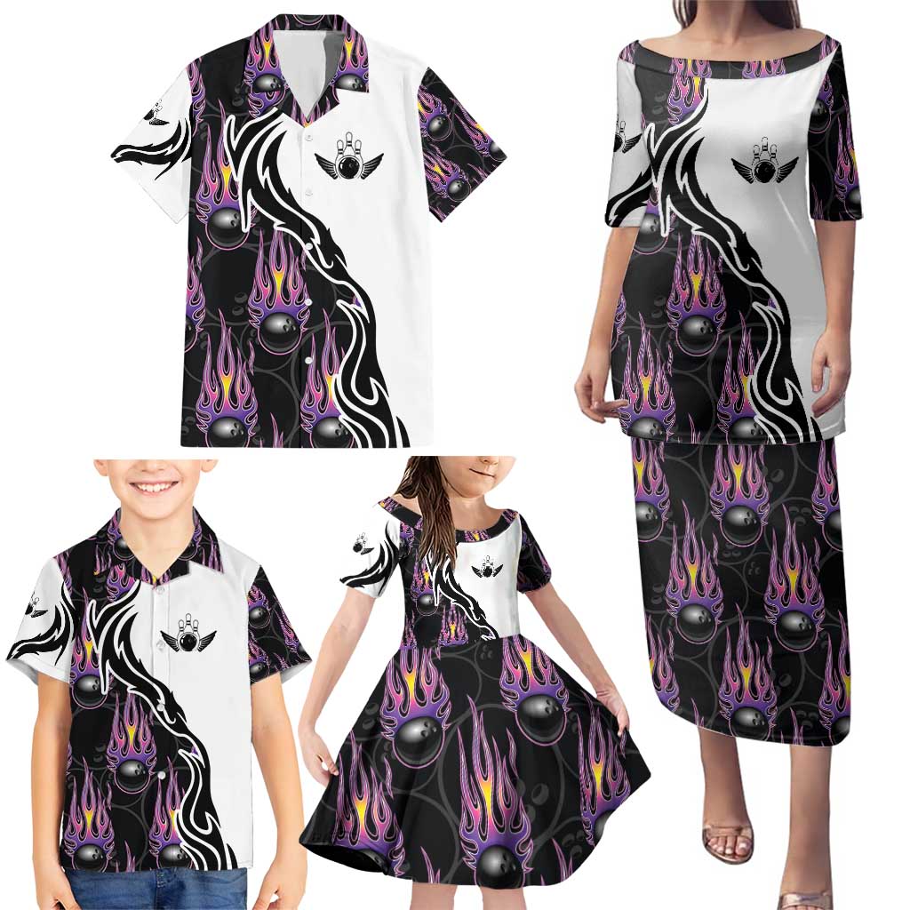 Personalized Bowling Flame Family Matching Puletasi and Hawaiian Shirt Black and White Split Pattern and Purple Fireball Graphics - Wonder Print Shop
