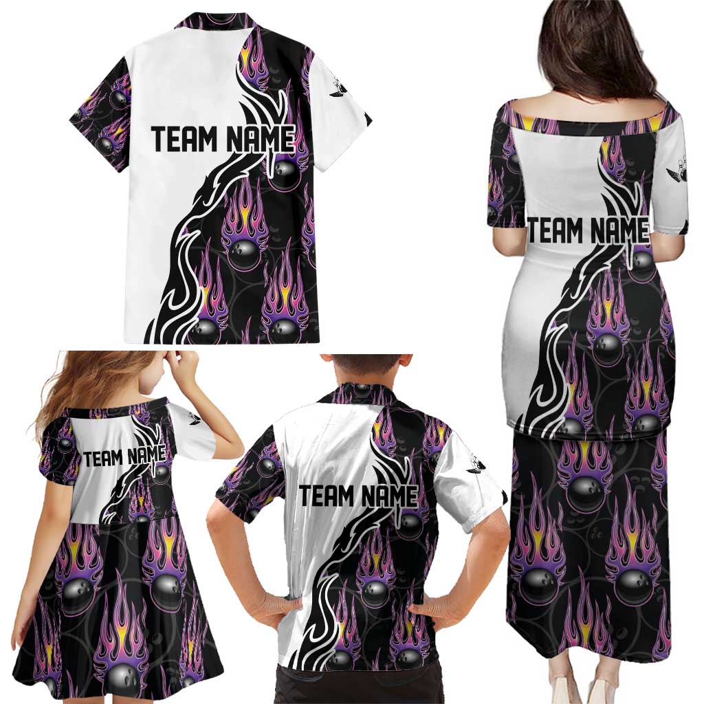 Personalized Bowling Flame Family Matching Puletasi and Hawaiian Shirt Black and White Split Pattern and Purple Fireball Graphics - Wonder Print Shop