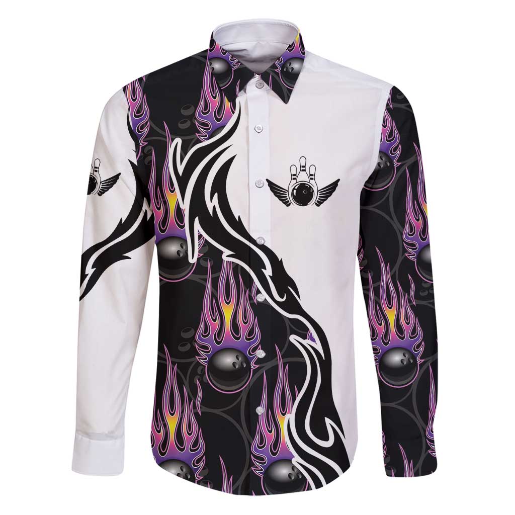 Personalized Bowling Flame Family Matching Puletasi and Hawaiian Shirt Black and White Split Pattern and Purple Fireball Graphics - Wonder Print Shop