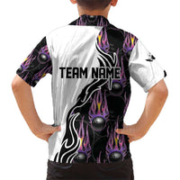 Personalized Bowling Flame Family Matching Short Sleeve Bodycon Dress and Hawaiian Shirt Black and White Split Pattern and Purple Fireball Graphics - Wonder Print Shop