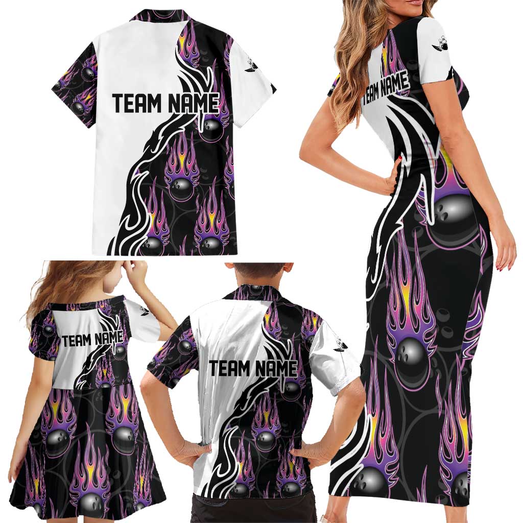Personalized Bowling Flame Family Matching Short Sleeve Bodycon Dress and Hawaiian Shirt Black and White Split Pattern and Purple Fireball Graphics - Wonder Print Shop