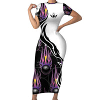 Personalized Bowling Flame Family Matching Short Sleeve Bodycon Dress and Hawaiian Shirt Black and White Split Pattern and Purple Fireball Graphics - Wonder Print Shop
