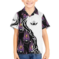 Personalized Bowling Flame Family Matching Short Sleeve Bodycon Dress and Hawaiian Shirt Black and White Split Pattern and Purple Fireball Graphics - Wonder Print Shop