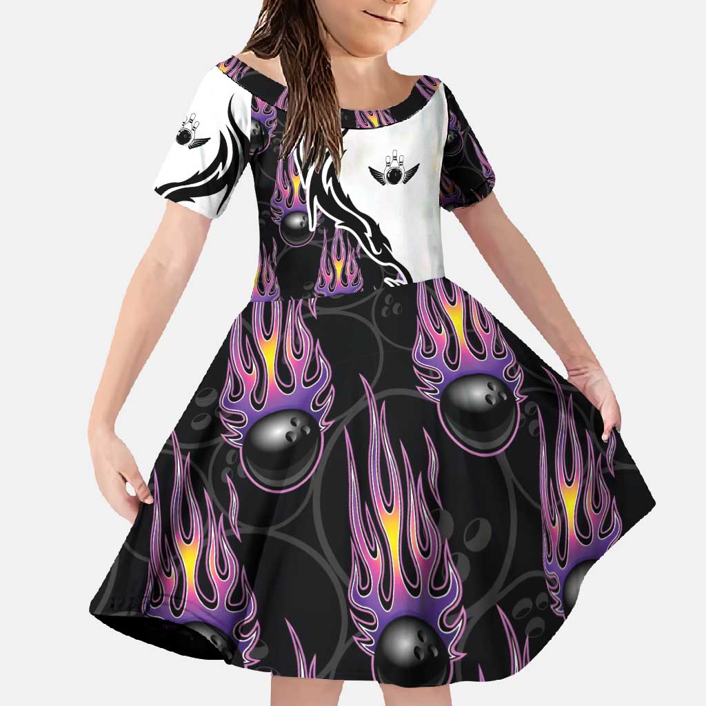 Personalized Bowling Flame Family Matching Summer Maxi Dress and Hawaiian Shirt Black and White Split Pattern and Purple Fireball Graphics - Wonder Print Shop