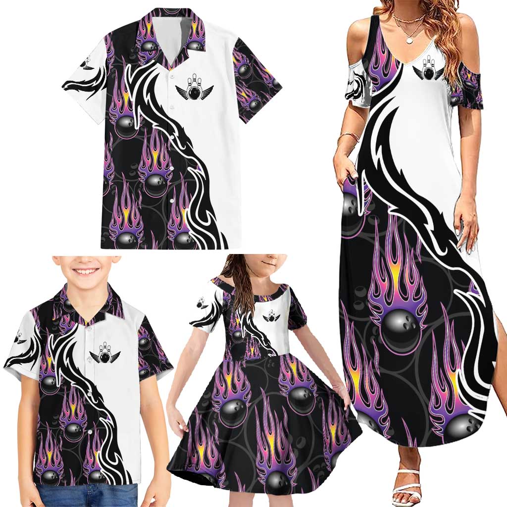 Personalized Bowling Flame Family Matching Summer Maxi Dress and Hawaiian Shirt Black and White Split Pattern and Purple Fireball Graphics - Wonder Print Shop